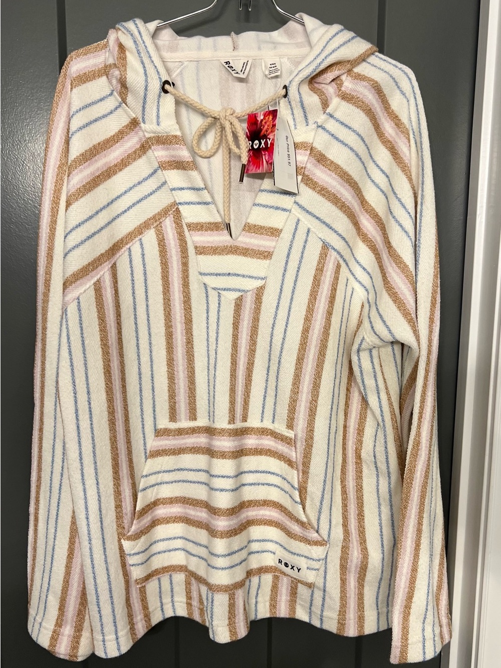 Roxy Hooded Striped Pullover in Cream, Tan & Light Blue size medium